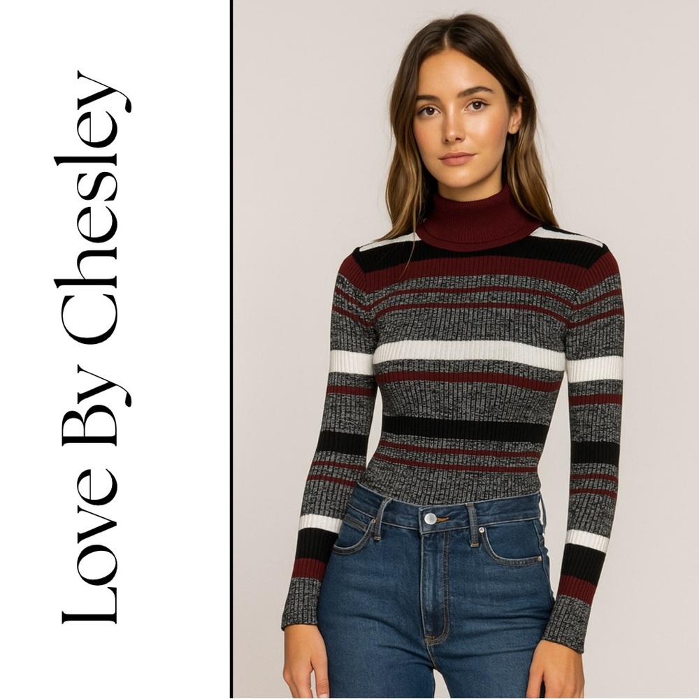 Love by Chesley Ribbed Striped Mock Neck Sweater | Size L (Fits S–M)